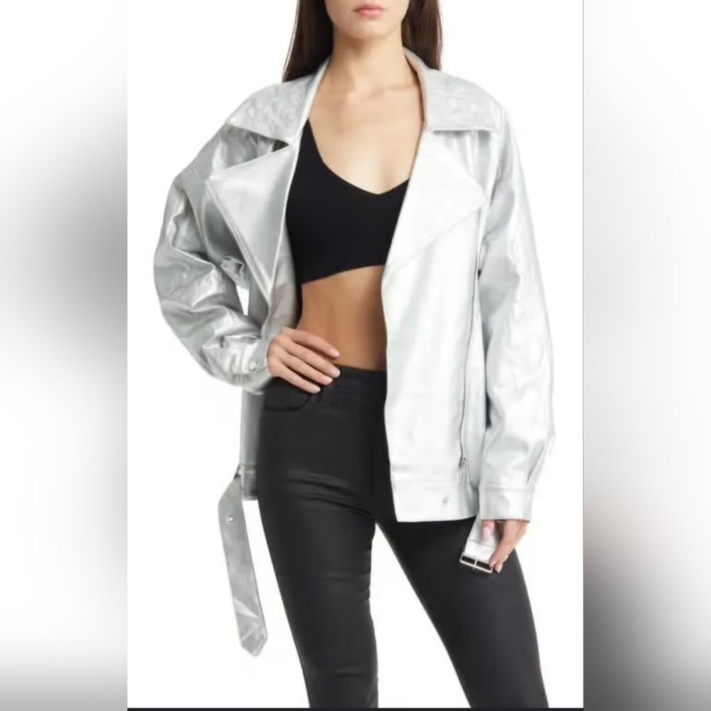 Metallic Faux Leather Moto Jacket Shiny Silver with Relaxed Fit